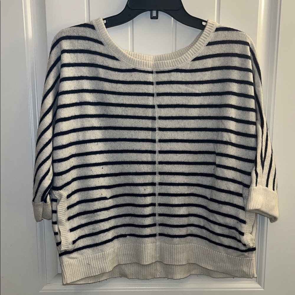LOFT Cream and Navy Striped Crew Neck Sweater